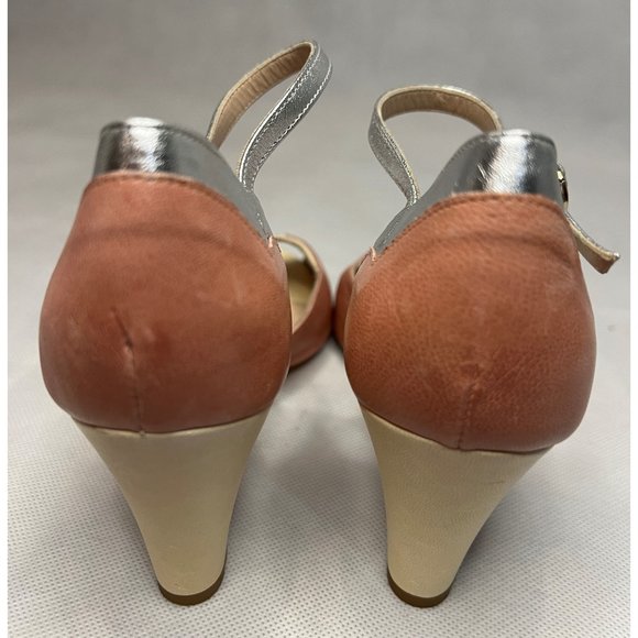 Les Venues Italy Peep Toe Leather Heel Pumps Ankle Strap Brown Silver Size 38.5 - Picture 7 of 8
